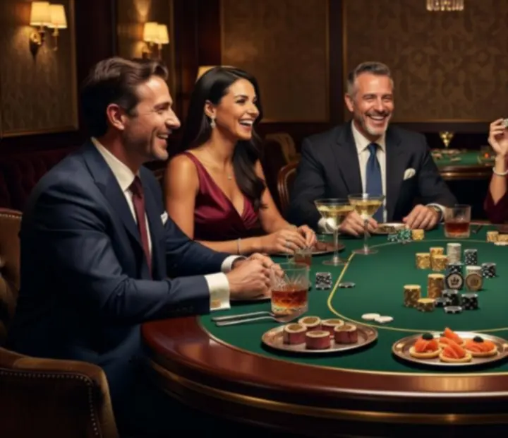 Stylowy stół pokerowy z symbolicznymi żetonami podczas towarzyskiego wieczoru