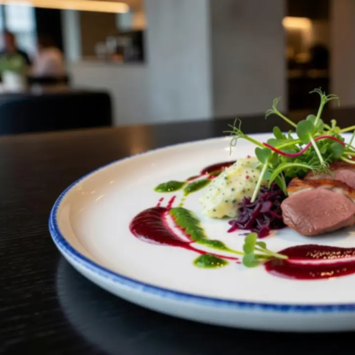 Zbliżenie na mistrzowsko skomponowane danie serwowane podczas kolacji fine dining