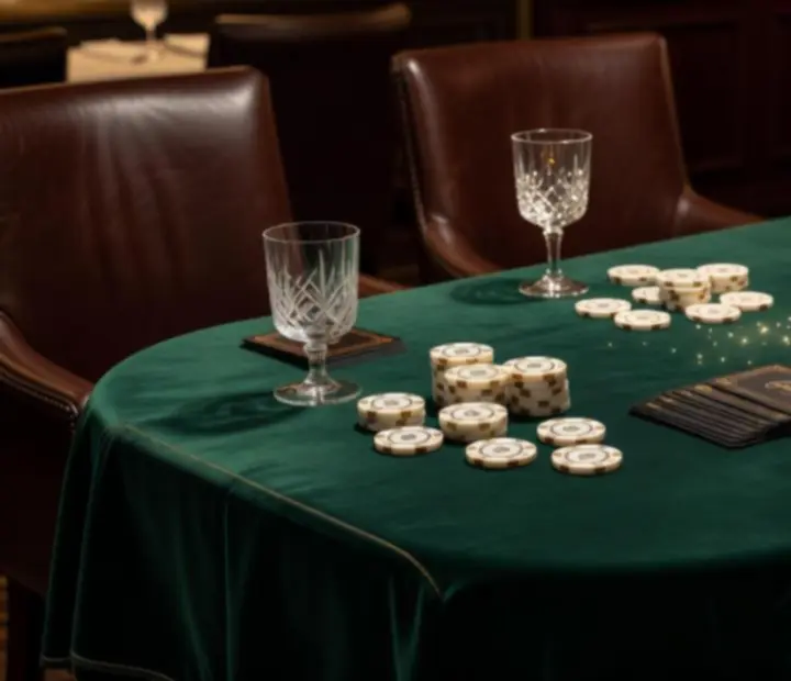 Luksusowy stół pokerowy z elegancką aranżacją i symbolicznymi żetonami